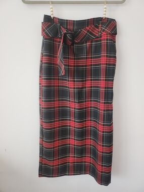 Zara Red and Black Plaid Tie-Waist Midi Skirt